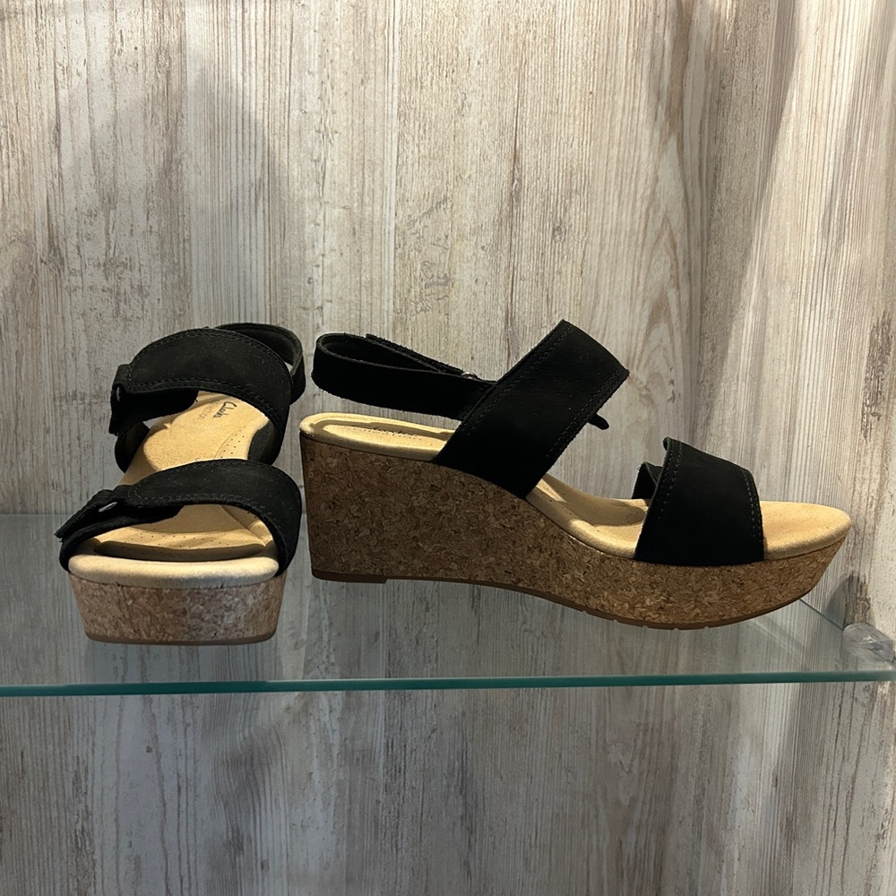 Clarks Rose Lane Women’s Black Cork Wedge Sandals Size 9.5 Wide Width Slingback